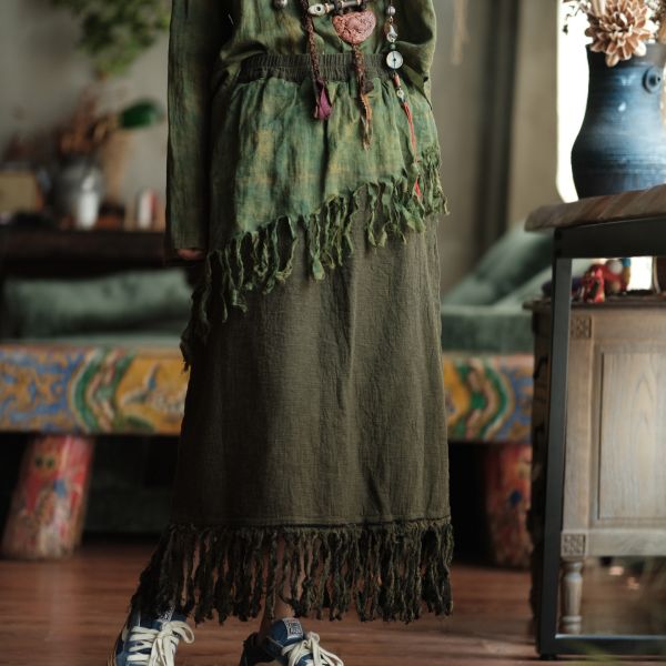 燕燕～復古文藝棉麻個性慵懶風撞色流蘇長裙   ab225101 