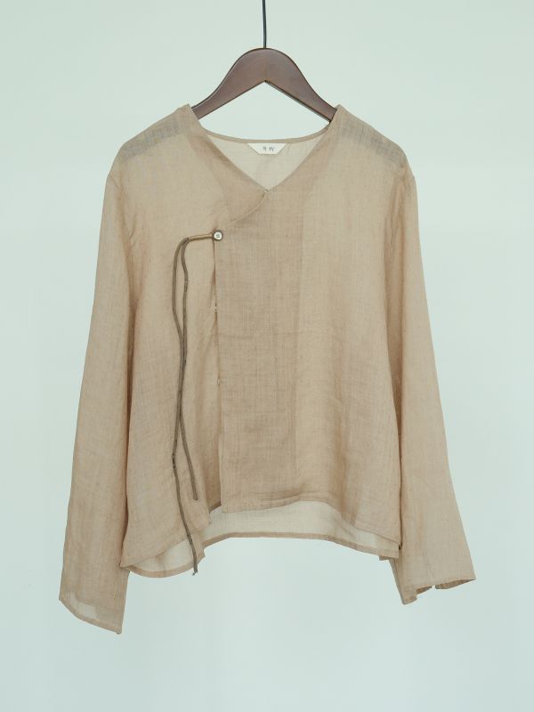 燕燕~棉麻商品~ 秋款 苧麻提花材質 做舊斜襟繫帶襯衫 開衫外套   ab2318801 