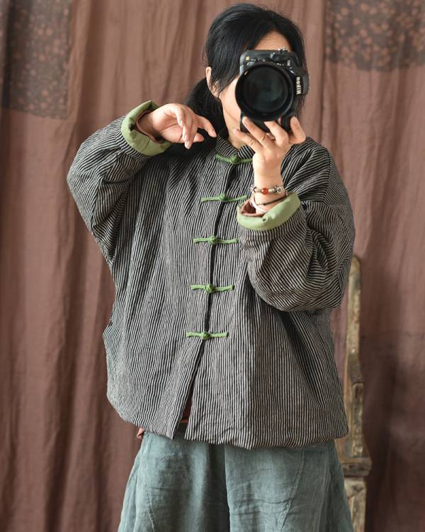 燕燕~棉麻商品~亞麻材質 色織條紋中式盤扣夾棉短棉衣外套 