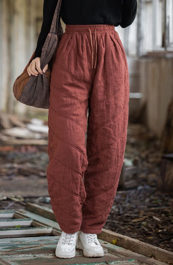 燕燕~冬季新款 苧麻夾棉絎縫炒色褲子 文藝百搭鬆緊腰女式長褲 棉褲 