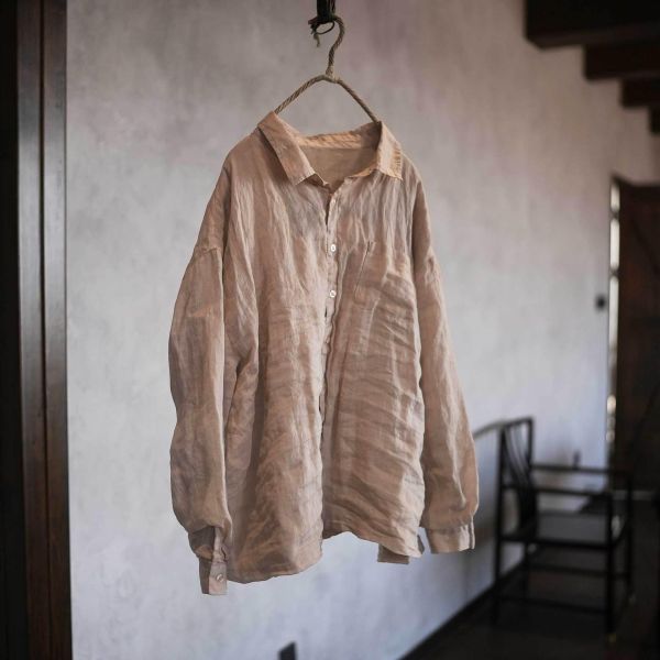 燕燕~薄苧麻 柔軟雙層上衣 休閒風復古襯衫 