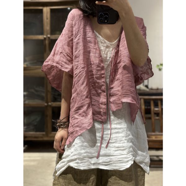 燕燕～春夏款。亞麻  文藝復古落肩半袖開衫繫帶外搭上衣 外套 