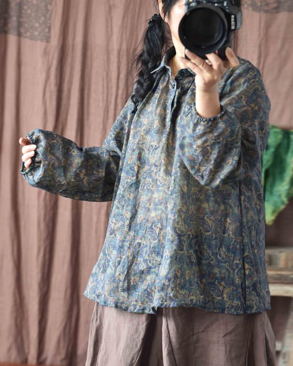 燕燕. 苧麻。四季款  文藝復古印花 寬鬆方領長袖上衣T 襯衫 長袖棉麻衫 