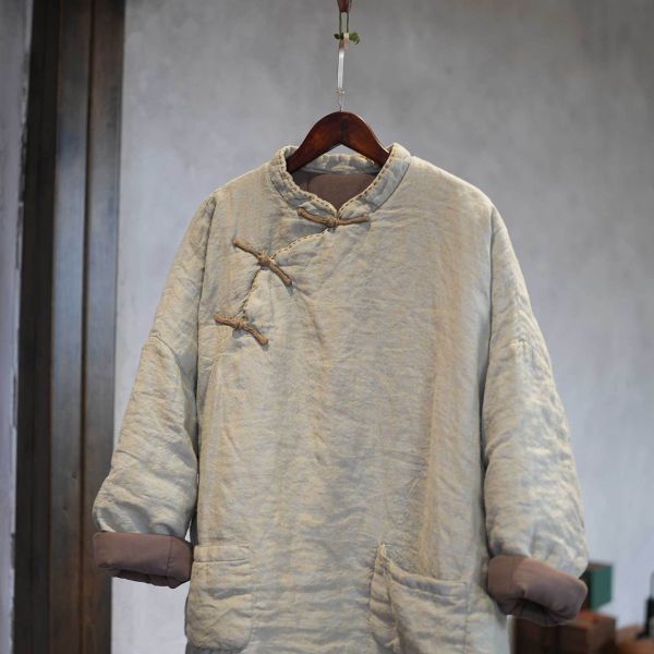 燕燕~冬季 色織亞麻加厚棉 手工縫線中長棉衣大口袋棉服棉襖外套 