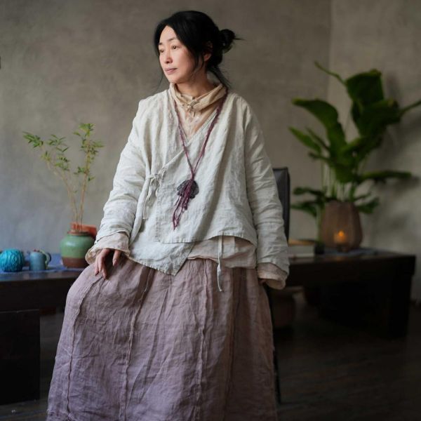燕燕~砂洗亞麻 傳統交領繫帶百搭長袖襯衫 上衣小開襟衫 