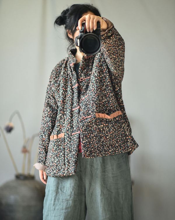 燕燕~秋冬款。手工縫製盤扣開衫棉服 復古小碎花短款棉衣外套 