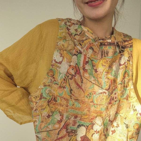 燕燕~棉麻商品~亞麻 印花寬鬆背心 復古混搭斜襟背心棉麻杉  ab2303101 