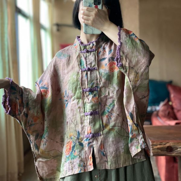 燕燕~棉麻商品~夏季新款 水洗純苧麻 數碼印花對襟小衫 上衣 長袖棉麻衫  ab206101 