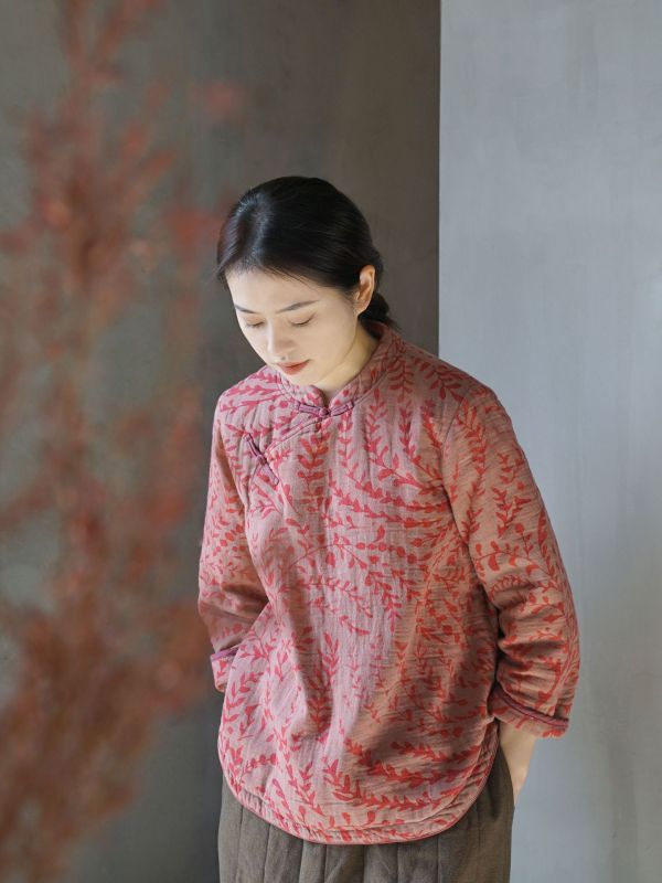 燕燕~數位印花斜襟小棉衣 復古立領加厚茶服棉襖上衣。   ab2328301 