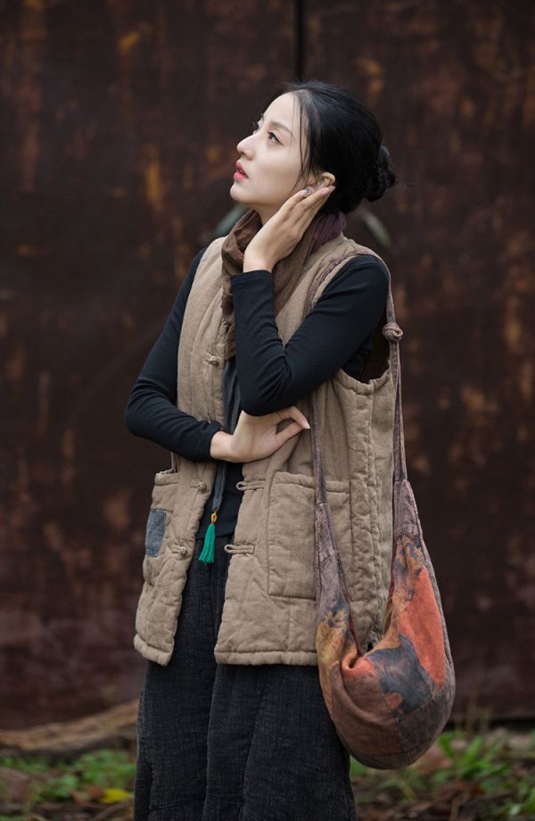 燕燕~秋冬新款 苧麻夾棉絎縫貼布外套 復古個性保暖背心 