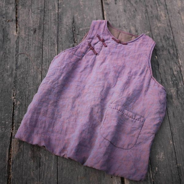 燕燕～色織亞麻 文藝復古中式盤扣夾棉寬鬆背心 