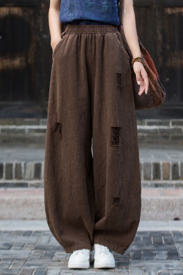 燕燕～秋季新款！苧麻 破洞炒色長褲 砂洗個性小眾流浪風燈籠褲 