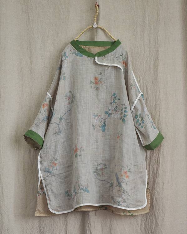 燕燕~棉麻商品 苧麻材質 印花中長款茶服襯衫 復古傳統手工縫盤扣上衣  