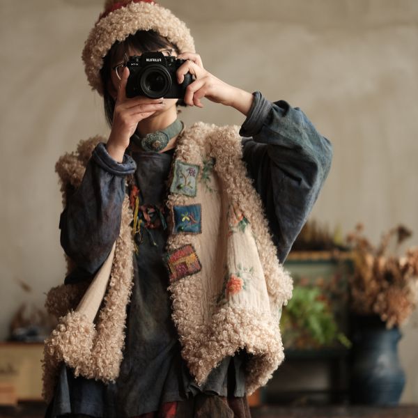 燕燕~秋冬新款 訂製復古棉麻羊捲毛夾棉背心 棉衣 ab223301 