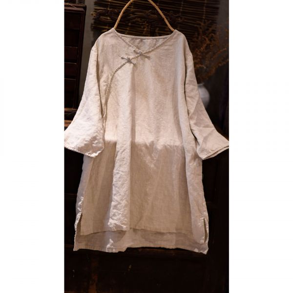 燕燕~亞麻 文藝復古手縫盤扣V領套頭七分袖 中長款麻衫 