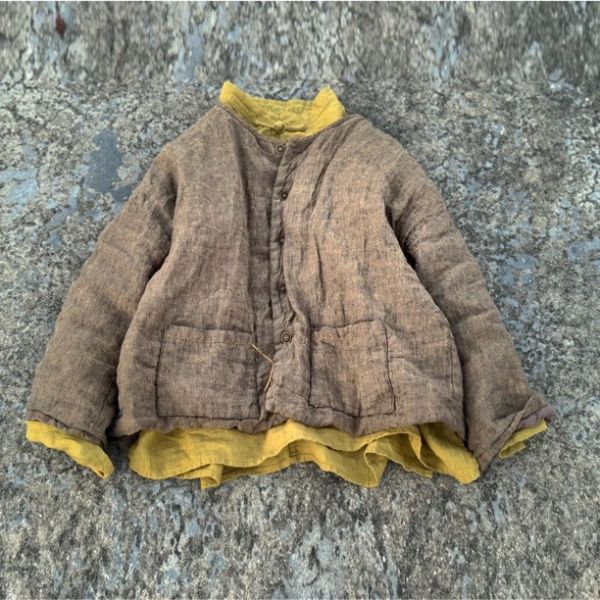 燕燕~色織亞麻 手工縫線小流蘇 大口袋文藝棉衣 棉服棉襖外套 