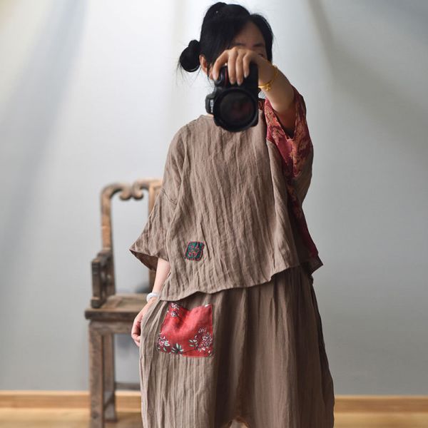 燕燕~棉麻商品~亞麻材質 拼布斜襟盤扣上衣 七分袖棉麻衫 