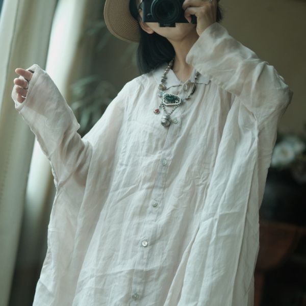 燕燕~水洗麻～寬鬆飄逸蝙蝠袖薄襯衫防曬上衣。ab196101（這件非常寬鬆喔） 