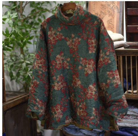 燕燕～印花亞麻夾棉高領套頭打底衫 高領上衣 ab25501 