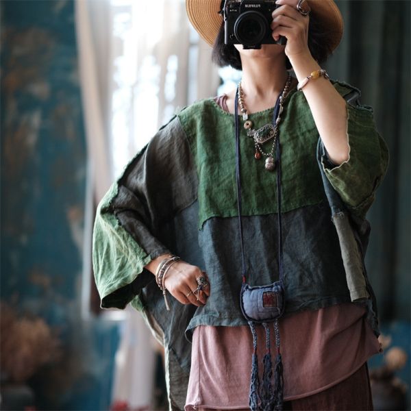 燕燕~秋季新款 純麻  毛邊圓領開叉寬鬆拼接麻衫 上衣 長袖棉麻衫  ab208901 