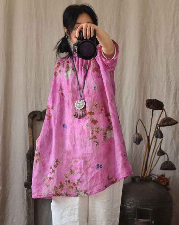 燕燕~棉麻商品 苧麻數碼印花中長款上衣 盤扣撞色荷葉領減齡七分袖棉麻衫 襯衫 