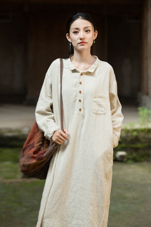 燕燕~秋季新款 莧麻磨毛砂洗炒色女禪意長袍洋裝 連身裙 