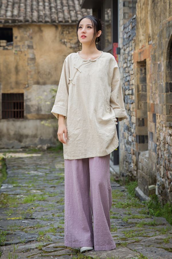 燕燕~夏季新款 莧麻炒色上衣改良大尺碼茶服個性文藝範女長T恤 