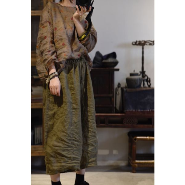 燕燕. 春夏 苧麻  寬筒休閒抽繩七分褲  闊腿褲 民俗風寬褲 