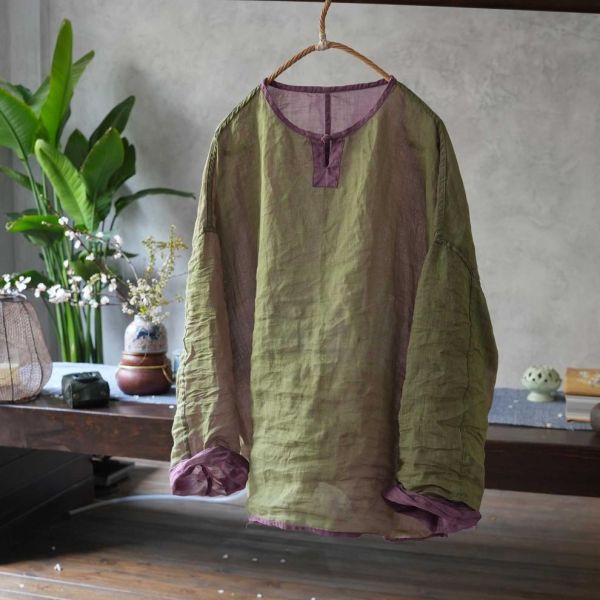 燕燕~四季款 雙色苧麻 雙面穿 盤扣長袖女襯衫 文藝復古圓領上衣 