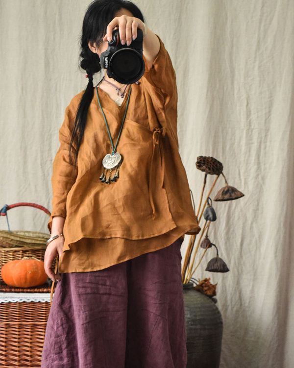 燕燕~棉麻商品 輕薄款 苧麻材質 斜襟開衫繫帶上衣 長袖棉麻衫 