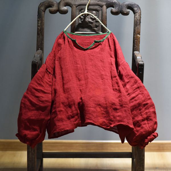 春夏新款 亞麻材質燈籠袖襯衫  木耳邊鬆緊袖上衣 