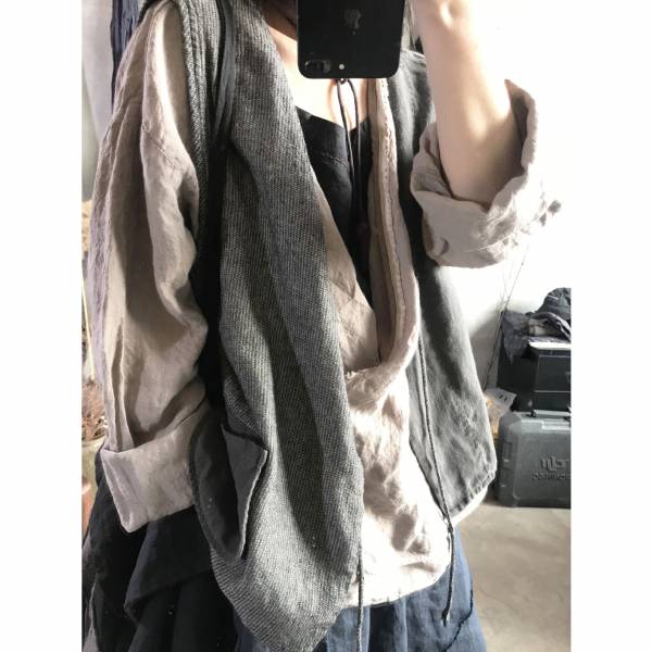燕燕棉麻～亞麻材質 春秋款  左右撞色開衫 繫帶外搭背心 