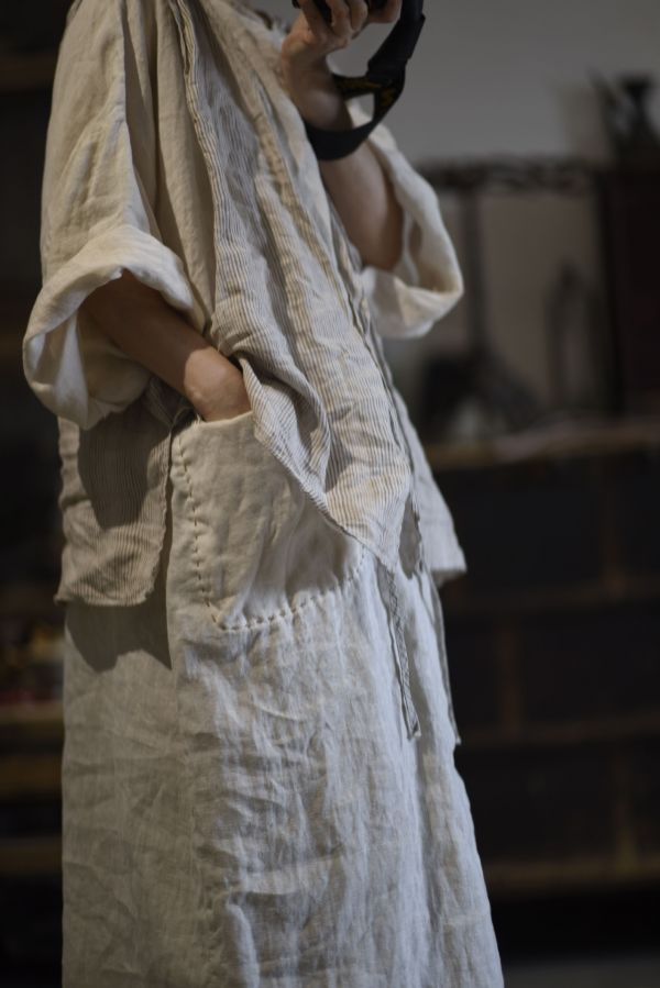 燕燕~棉麻商品~春夏款  亞麻 文藝復古色織條紋開衫繫帶穿搭背心 