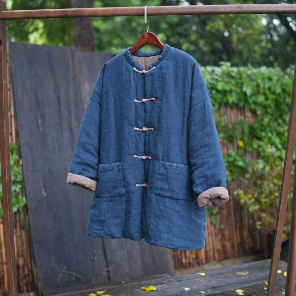 燕燕~冬季 色織亞麻加厚棉 手工縫線中長棉衣大口袋棉服棉襖外套 