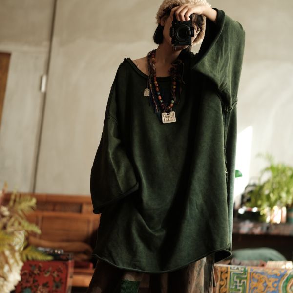 燕燕~復古文藝氛圍感寬鬆純棉中長款T恤 長版上衣 （寬鬆版型）abGMJ59901 