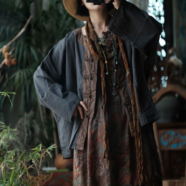 燕燕~亞麻~復古盤扣炒色做舊拼接長袖襯衫 上衣 外套 ab203301 