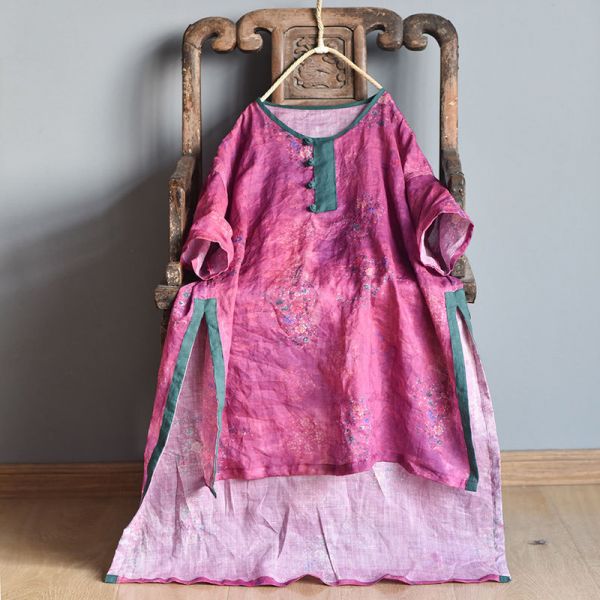 燕燕~棉麻商品~純苧麻材質 數碼印花盤扣中長款前短後長上衣 洋裝 連身裙 