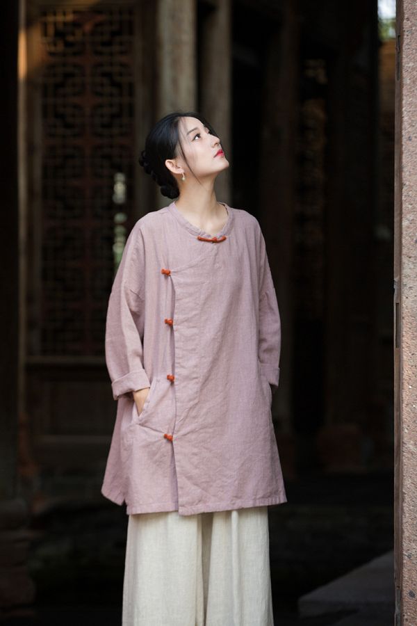 燕燕~秋季新款 苧麻砂洗大開襟衫 新中式改良簡約禪意上衣 