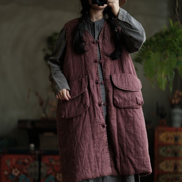 燕燕~棉麻商品~設計復古文藝小眾棉麻寬鬆口袋棉長背心  ab191701 