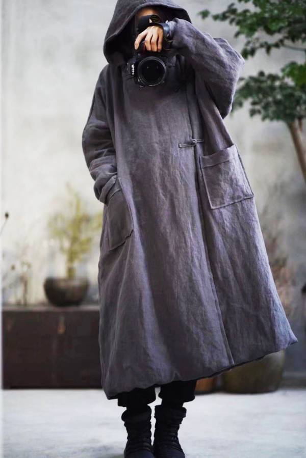 燕燕棉麻~~亞麻材質 冬裝新款 加厚砂洗夾棉連帽盤扣棉袍外套 長大衣 