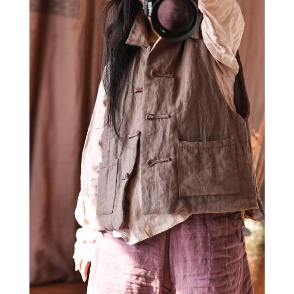 燕燕~秋冬款。亞麻 砂洗盤扣棉背心  