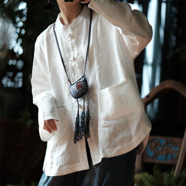 燕燕～純亞麻～復古對襟立領落肩襯衫 上衣 薄外套  ab147601 