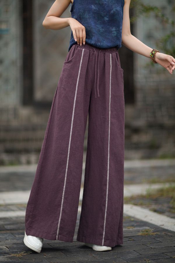 秋季新款 苧麻砂洗個性小眾文藝百搭女式寬褲 長褲 