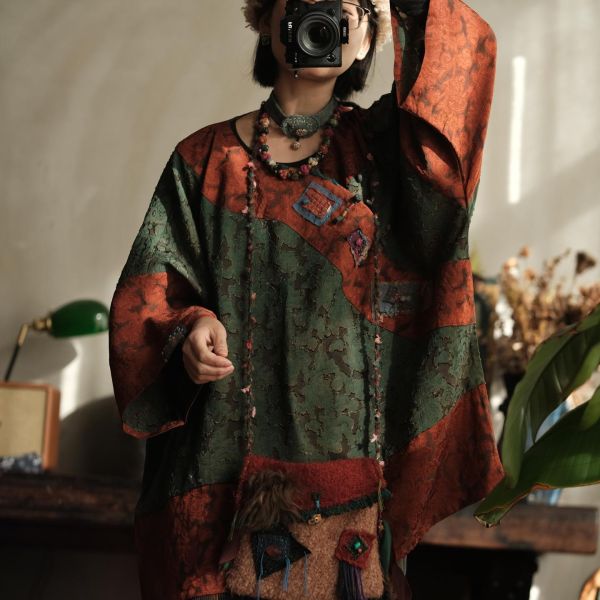 燕燕~棉麻商品~拼色復古文藝做舊人絲寬鬆大袖口中長斜襟襯衫 開襟衫 ab227801 