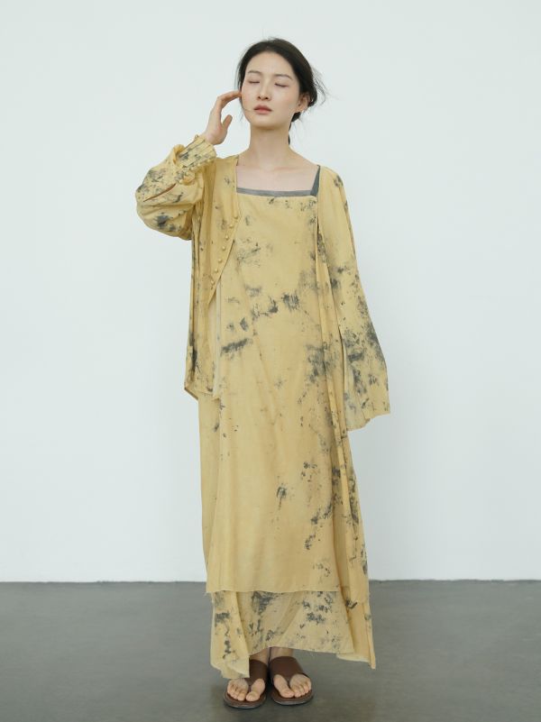 燕燕~絲綿  復古高品質潑墨印花 吊帶長裙 洋裝 連身裙   ab2420801 