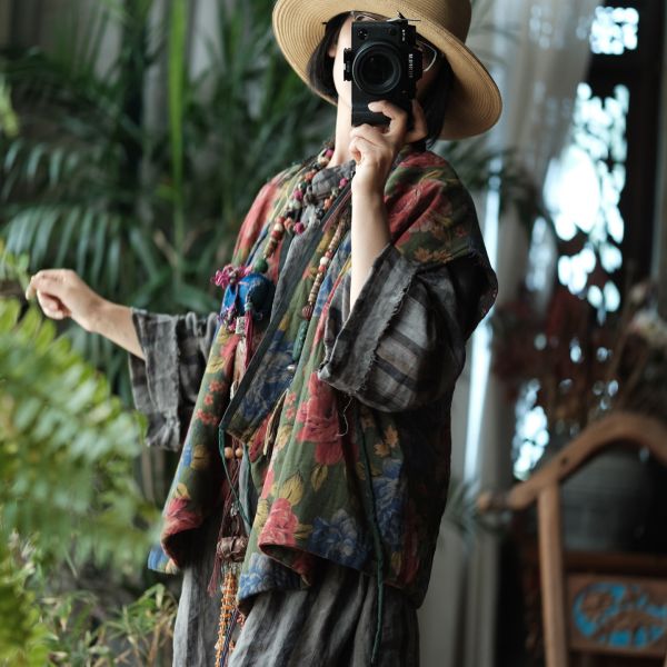 燕燕~棉麻商品~雙層棉紗     寬鬆夾棉繫帶花背心棉麻杉  ab200401 