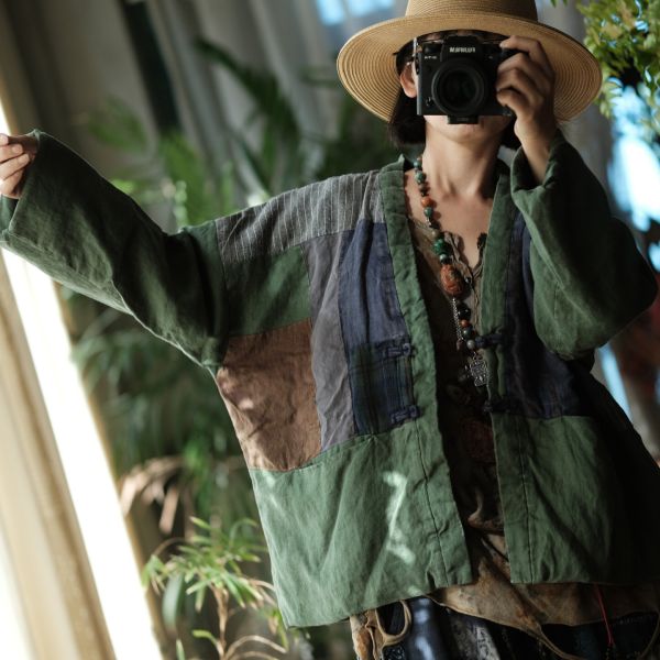 燕燕~秋冬新款 亞麻 做舊雪花洗拼布寬鬆短棉衣上衣。外套。ab178801 