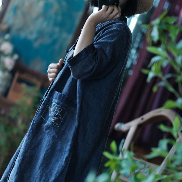 燕燕~春夏款 純苧麻。復古文藝印花寬鬆對襟長上衣襯衫  ab217601 