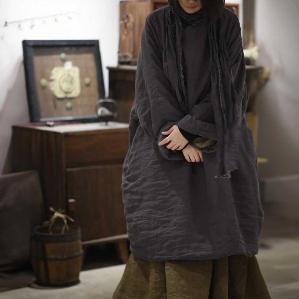 燕燕~砂洗亞麻 偏襟盤扣寬鬆棉衣長袍洋裝 連身裙 