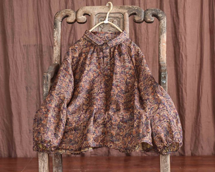 燕燕. 苧麻。四季款  文藝復古印花 寬鬆方領長袖上衣T 襯衫 長袖棉麻衫 